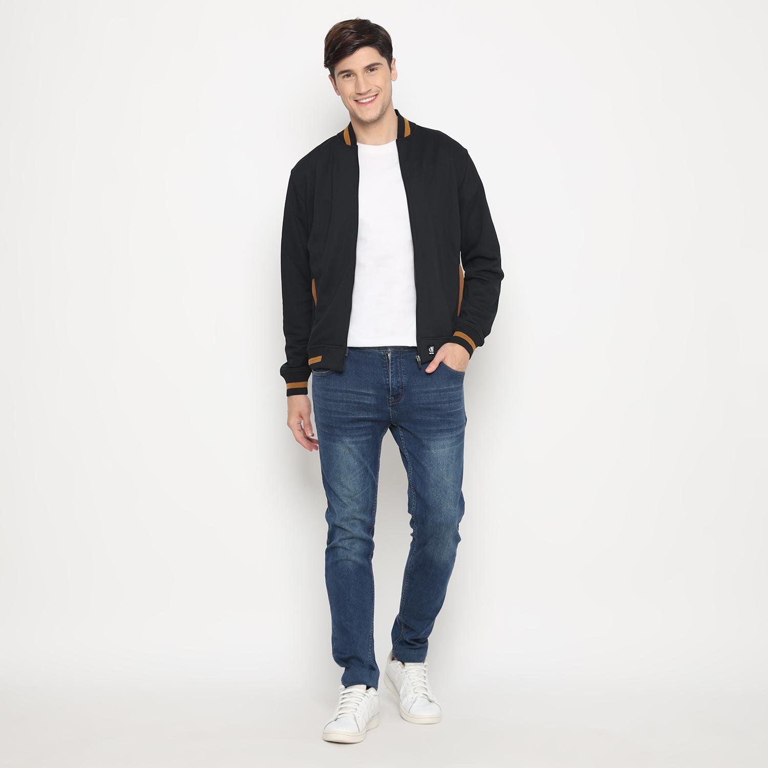 d&f CVC Jaket bomber pria cut & sewn - hitam list coklat - Image 5