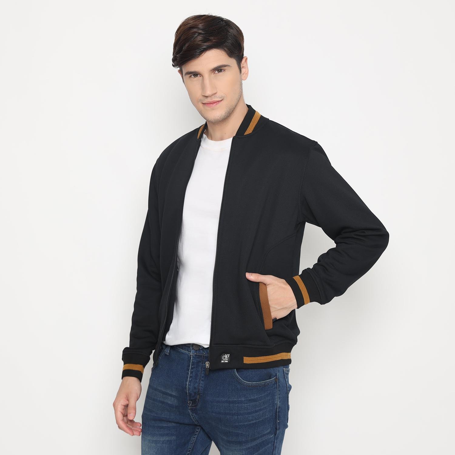 d&f CVC Jaket bomber pria cut & sewn - hitam list coklat - Image 2