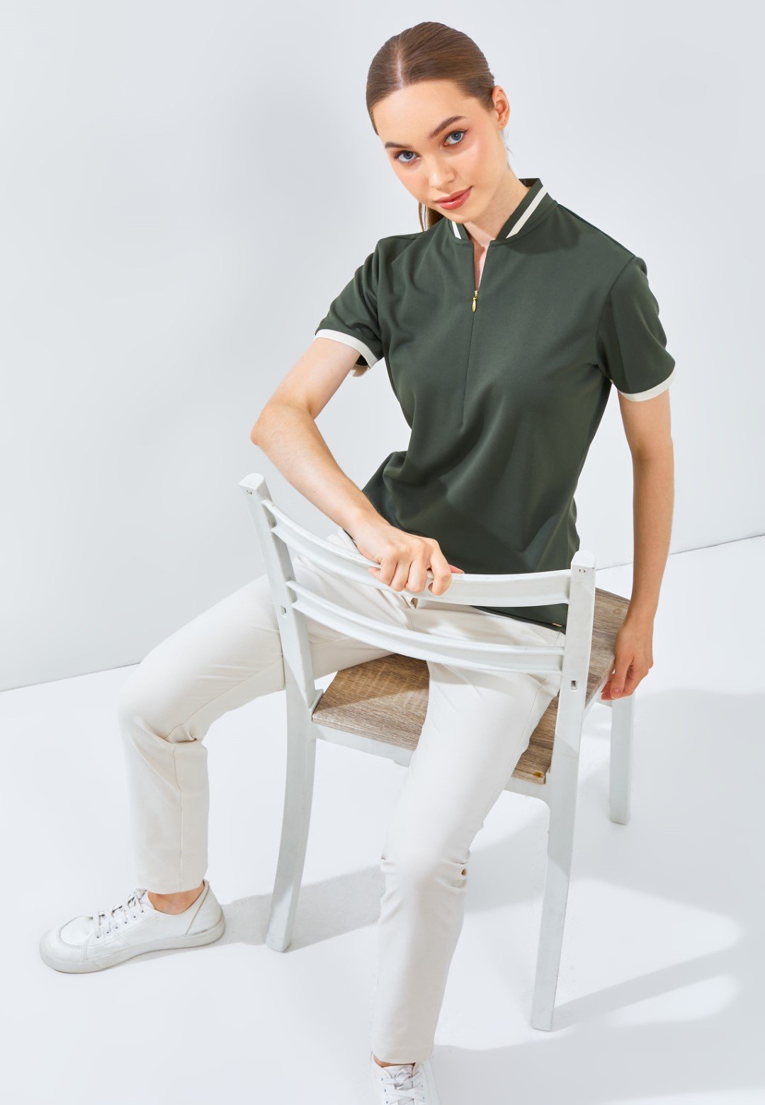 Jack Nicklaus Diana Ladies Premium Solid Zip Polo Virtual Olive - Image 3