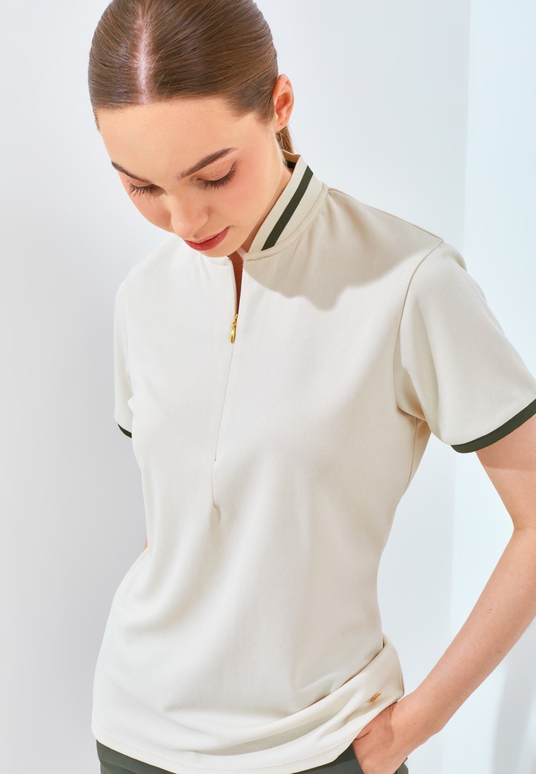 Jack Nicklaus Diana Ladies Premium Solid Zip Polo Ice Stone - Image 2