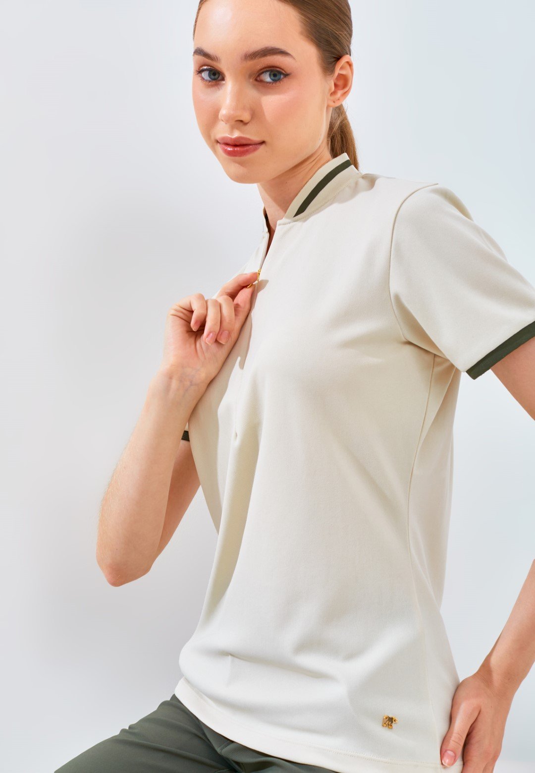 Jack Nicklaus Diana Ladies Premium Solid Zip Polo Ice Stone - Image 4