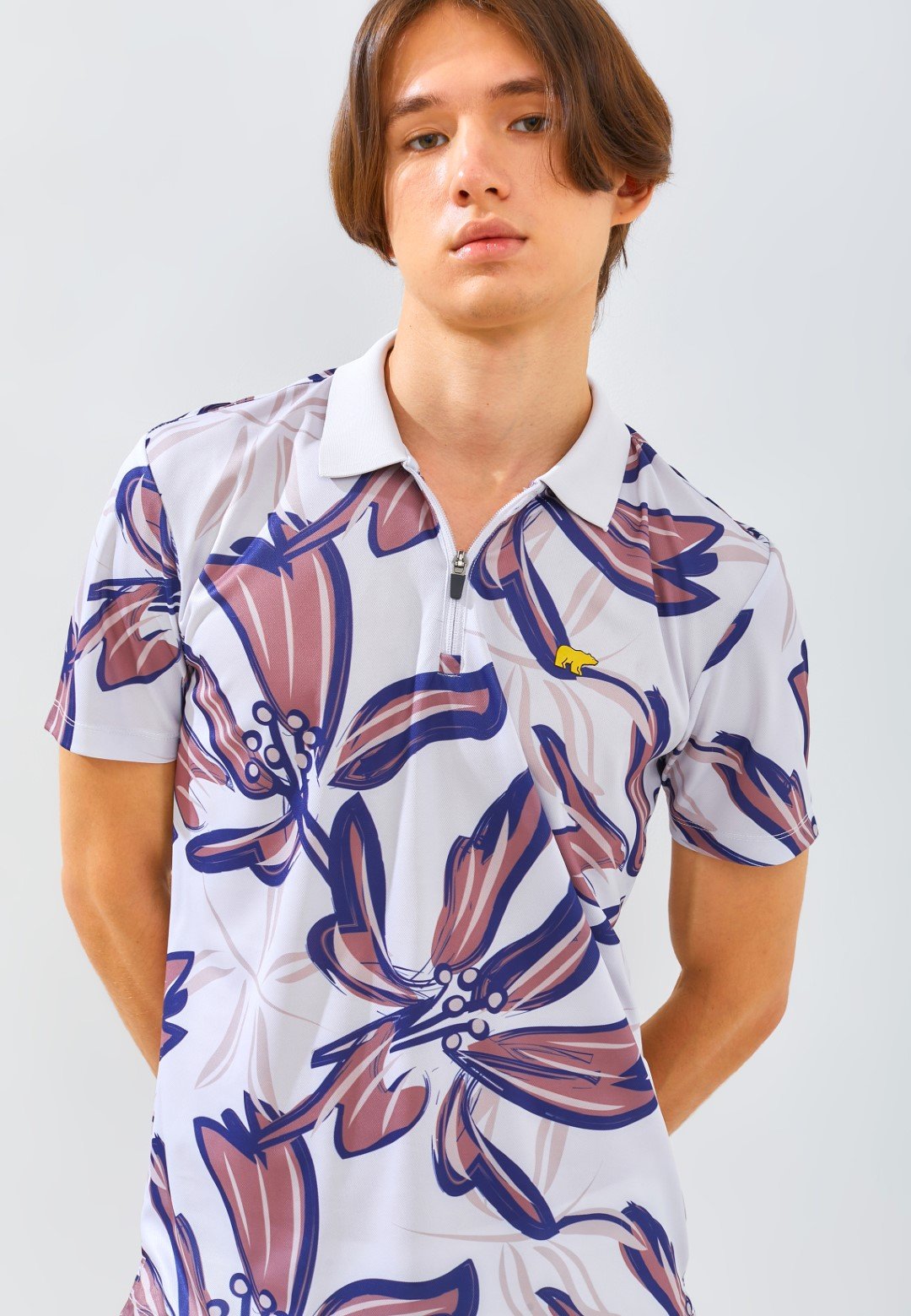 Jack Nicklaus Hibiscus Polo Shirt Pria Slim Fit Light Beige
