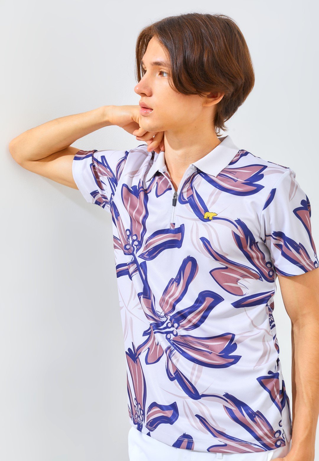Jack Nicklaus Hibiscus Polo Shirt Pria Slim Fit Light Beige - Image 5