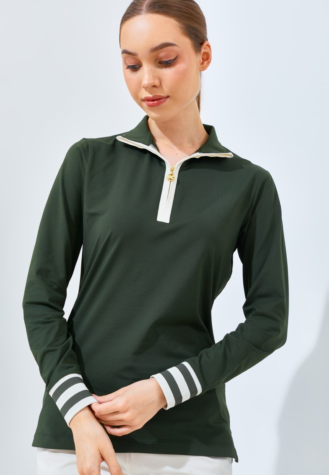 Jack Nicklaus Maya Ladies Premium Stripe Accent Polo Virtual Olive - Image 2
