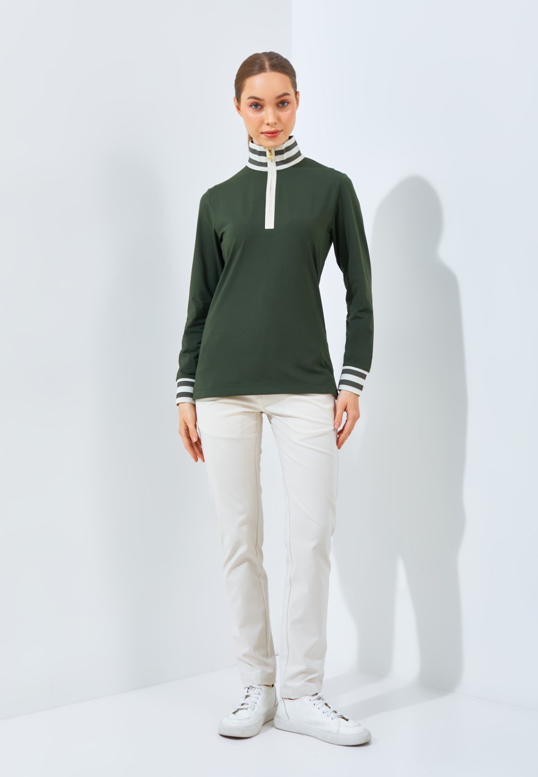 Jack Nicklaus Maya Ladies Premium Stripe Accent Polo Virtual Olive - Image 6