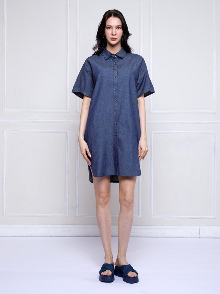 Personal Style Dress Kasual Wanita Chambray Cocoon Navy