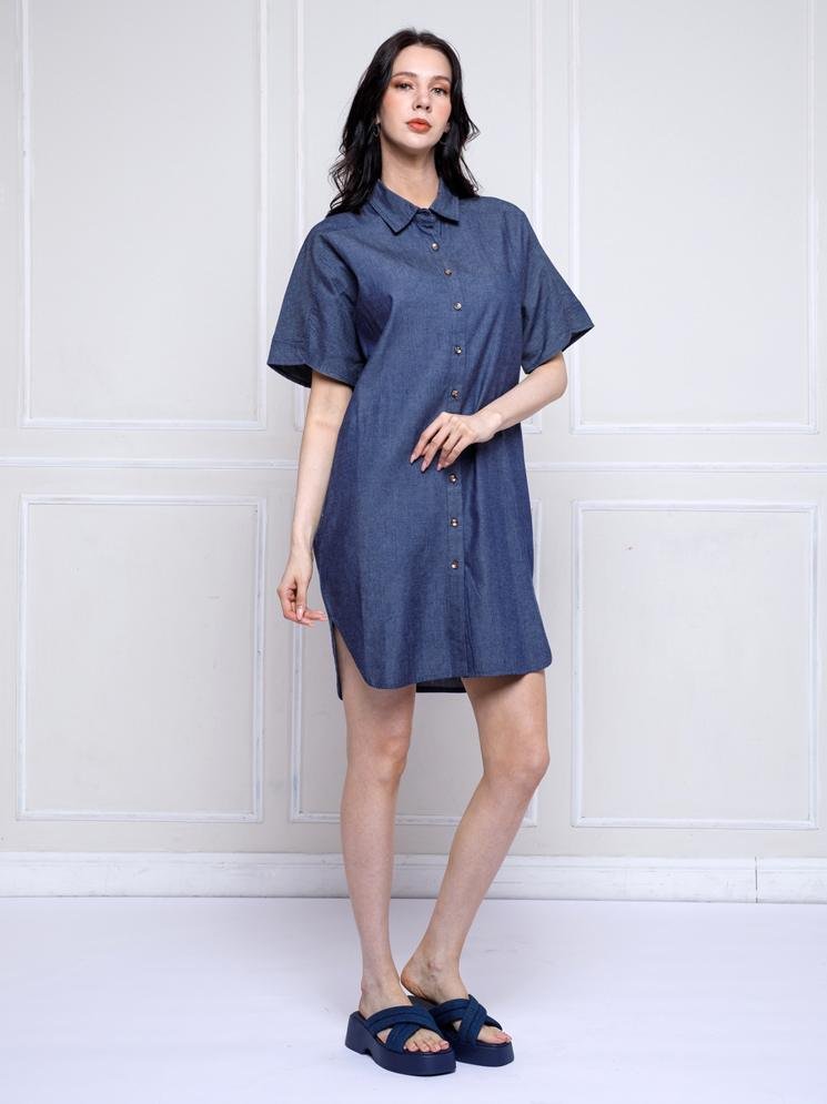 Personal Style Dress Kasual Wanita Chambray Cocoon Navy - Image 6