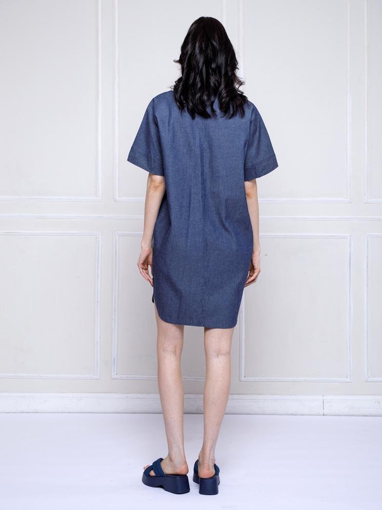 Personal Style Dress Kasual Wanita Chambray Cocoon Navy - Image 4