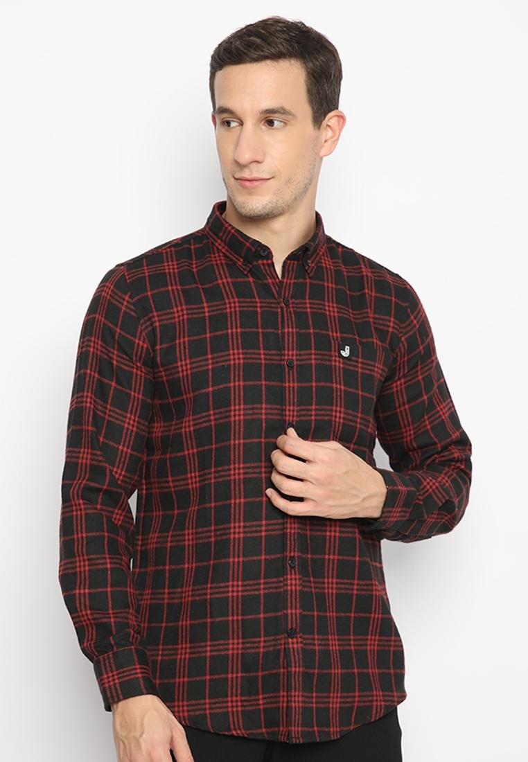 Jobb Josei Kemeja Pria Flannel Lengan Panjang Slim Fit Merah